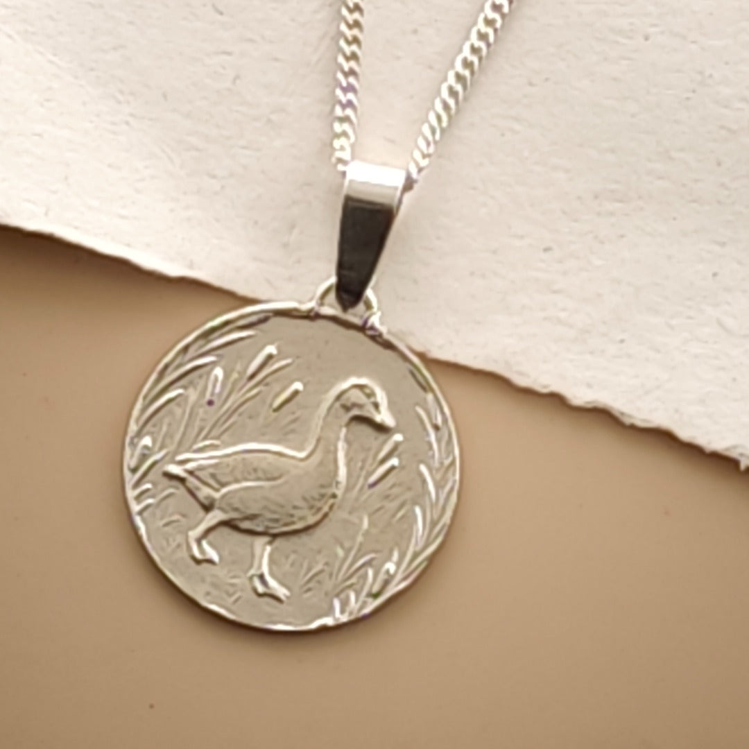 Goose Engraved Sterling Silver Coin Necklace