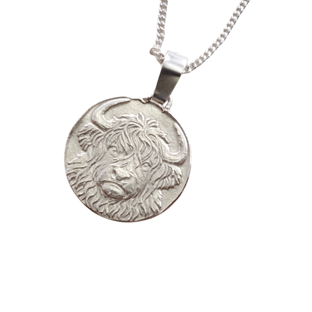 Highland Cow Engraved Sterling Silver Coin Necklace