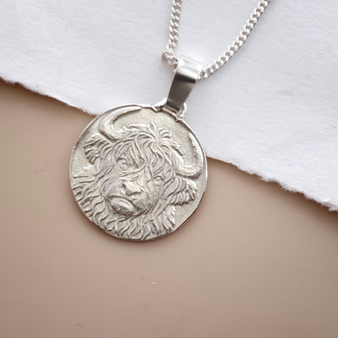 Highland Cow Engraved Sterling Silver Coin Necklace