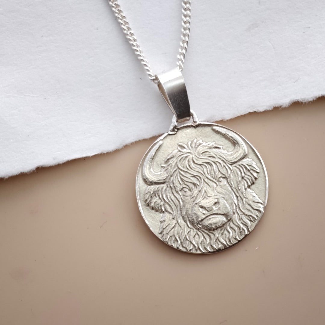 Highland Cow Engraved Sterling Silver Coin Necklace