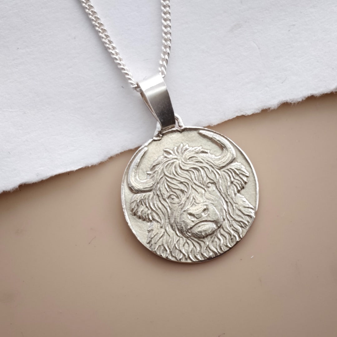 Highland Cow Engraved Sterling Silver Coin Necklace