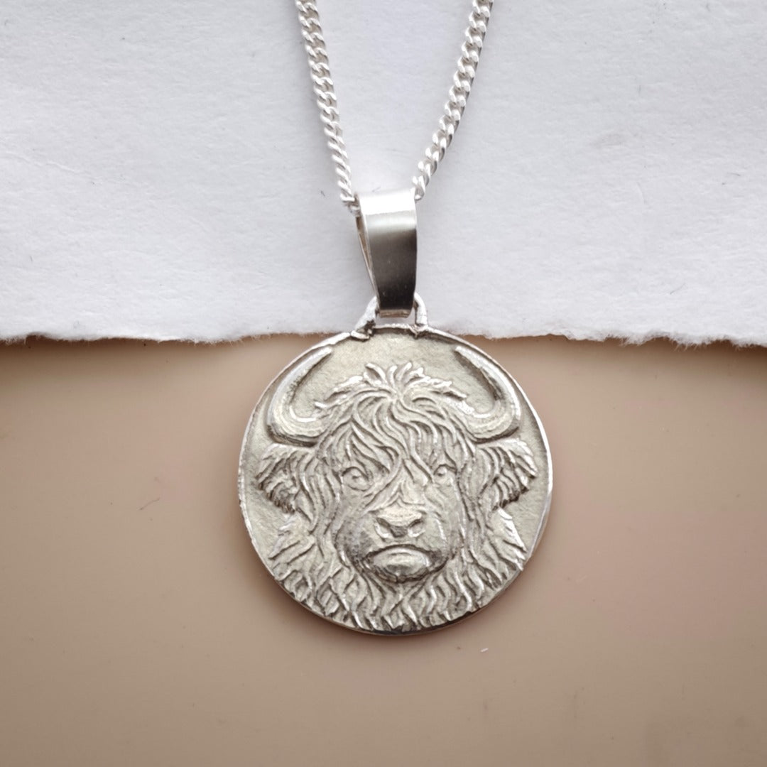Highland Cow Engraved Sterling Silver Coin Necklace