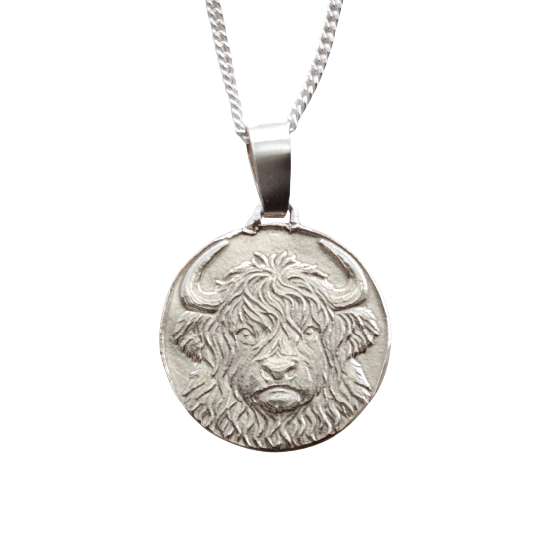 Highland Cow Engraved Sterling Silver Coin Necklace
