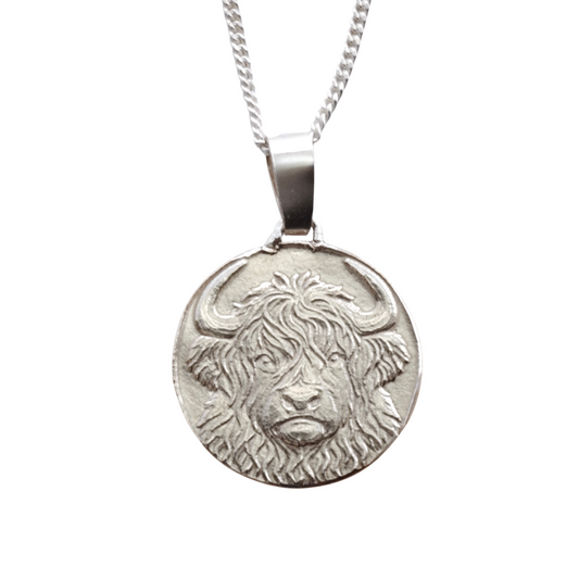 Highland Cow Engraved Sterling Silver Coin Necklace