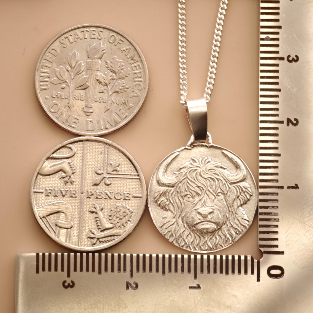 Highland Cow Engraved Sterling Silver Coin Necklace