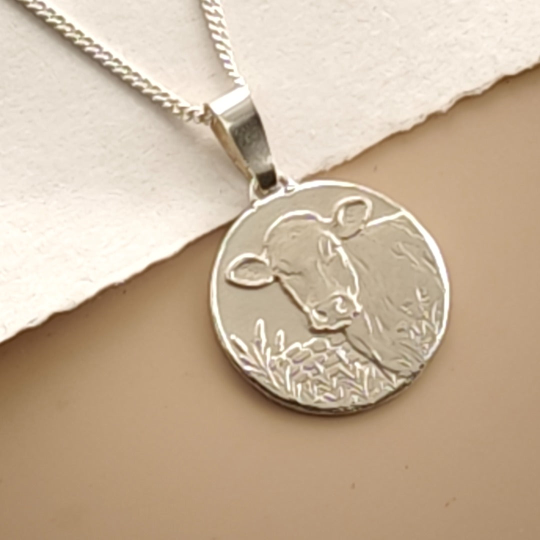 Cow Engraved Sterling Silver Coin Necklace