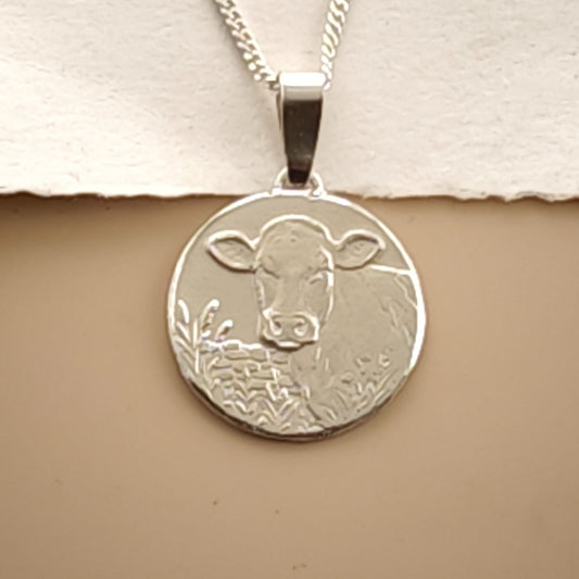 Cow Engraved Sterling Silver Coin Necklace
