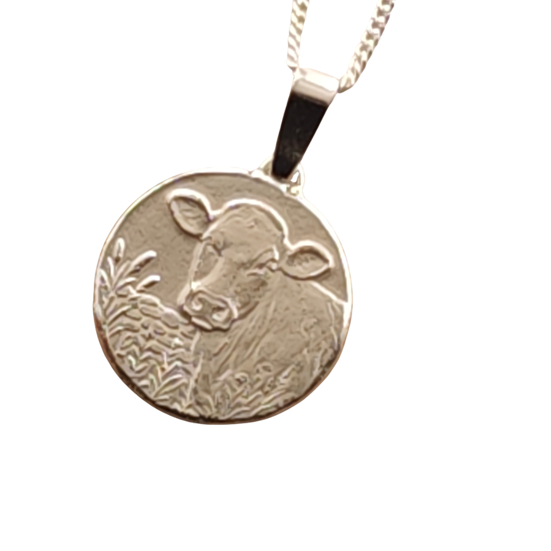 Cow Engraved Sterling Silver Coin Necklace