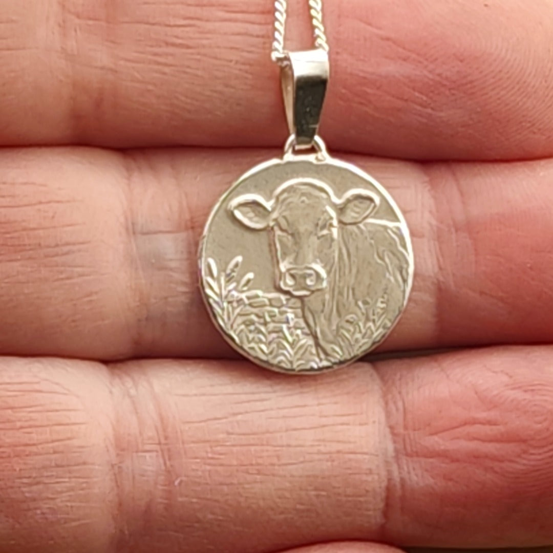 Cow Engraved Sterling Silver Coin Necklace