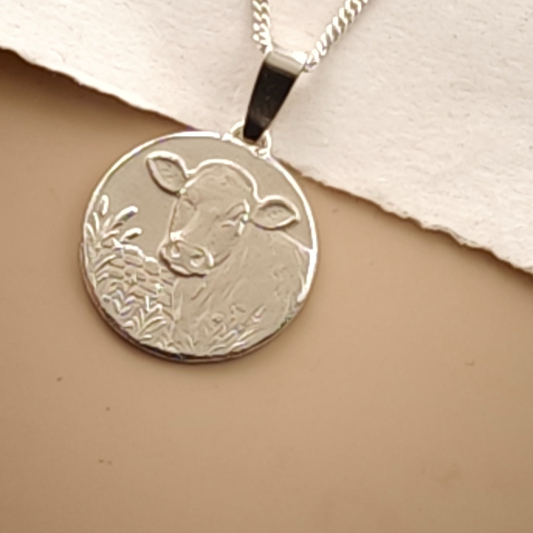 Cow Engraved Sterling Silver Coin Necklace