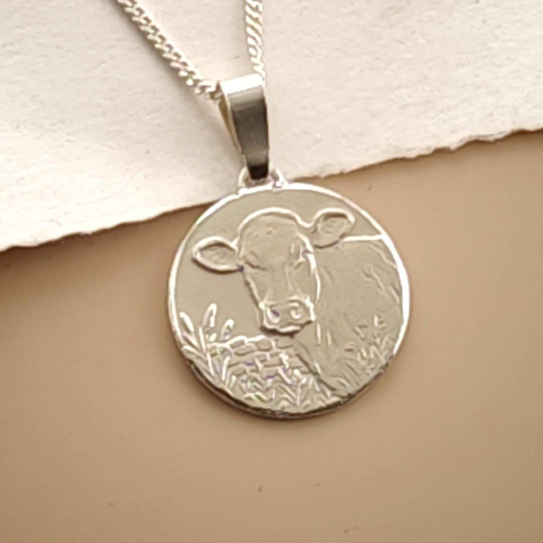 Cow Engraved Sterling Silver Coin Necklace