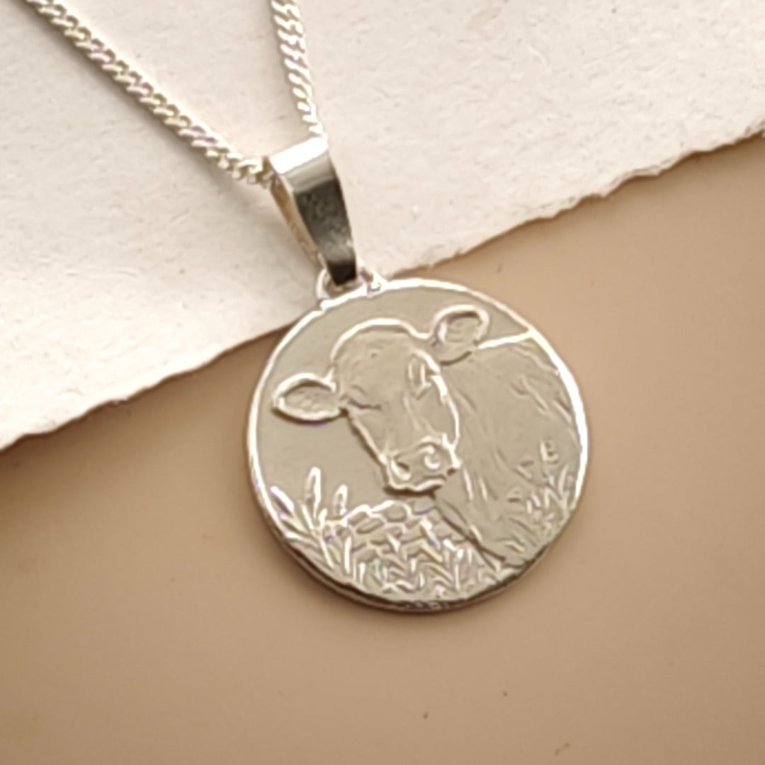 Cow Engraved Sterling Silver Coin Necklace