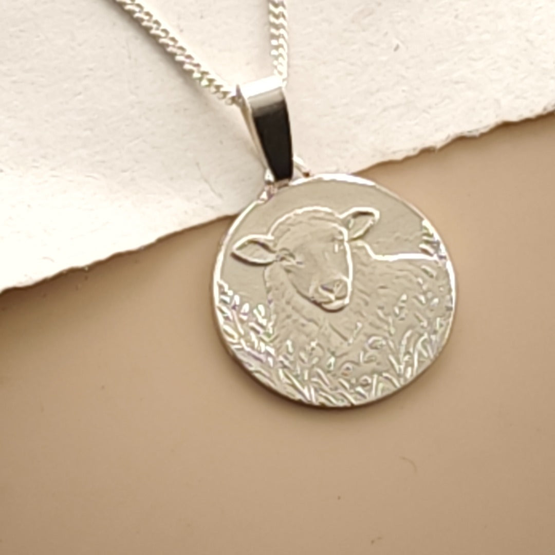 Sheep Engraved Sterling Silver Coin Necklace