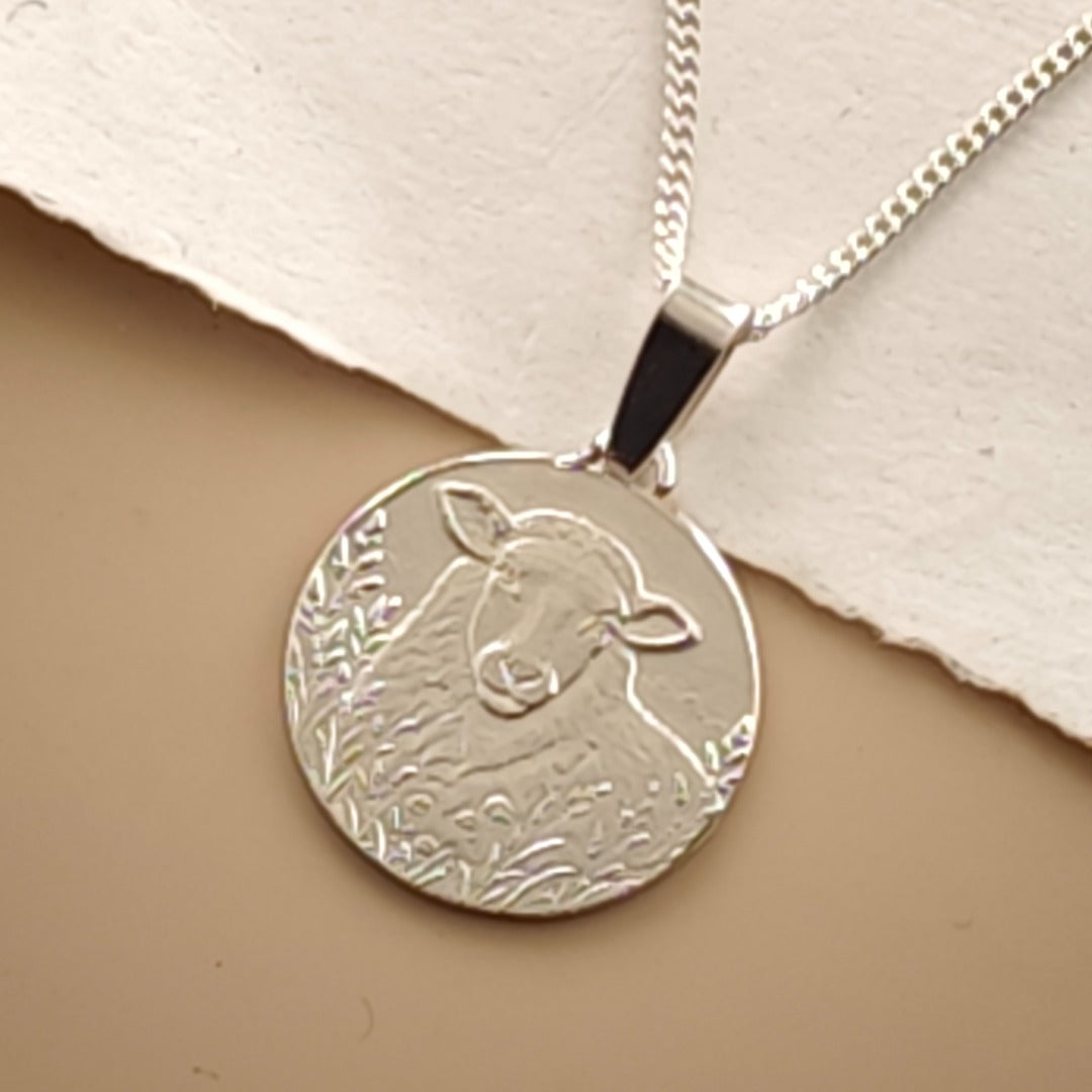 Sheep Engraved Sterling Silver Coin Necklace