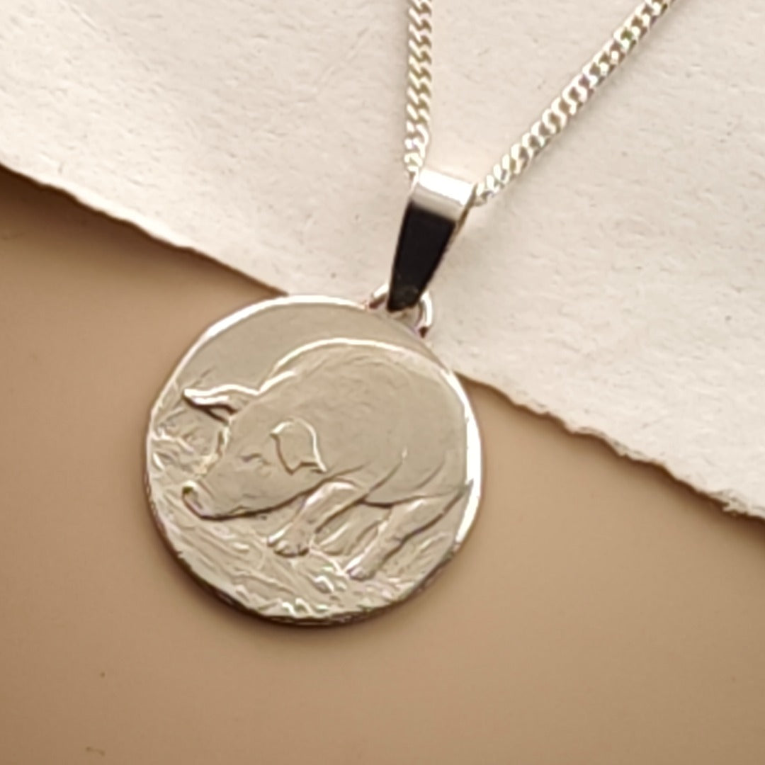 Pig Engraved Sterling Silver Coin Necklace
