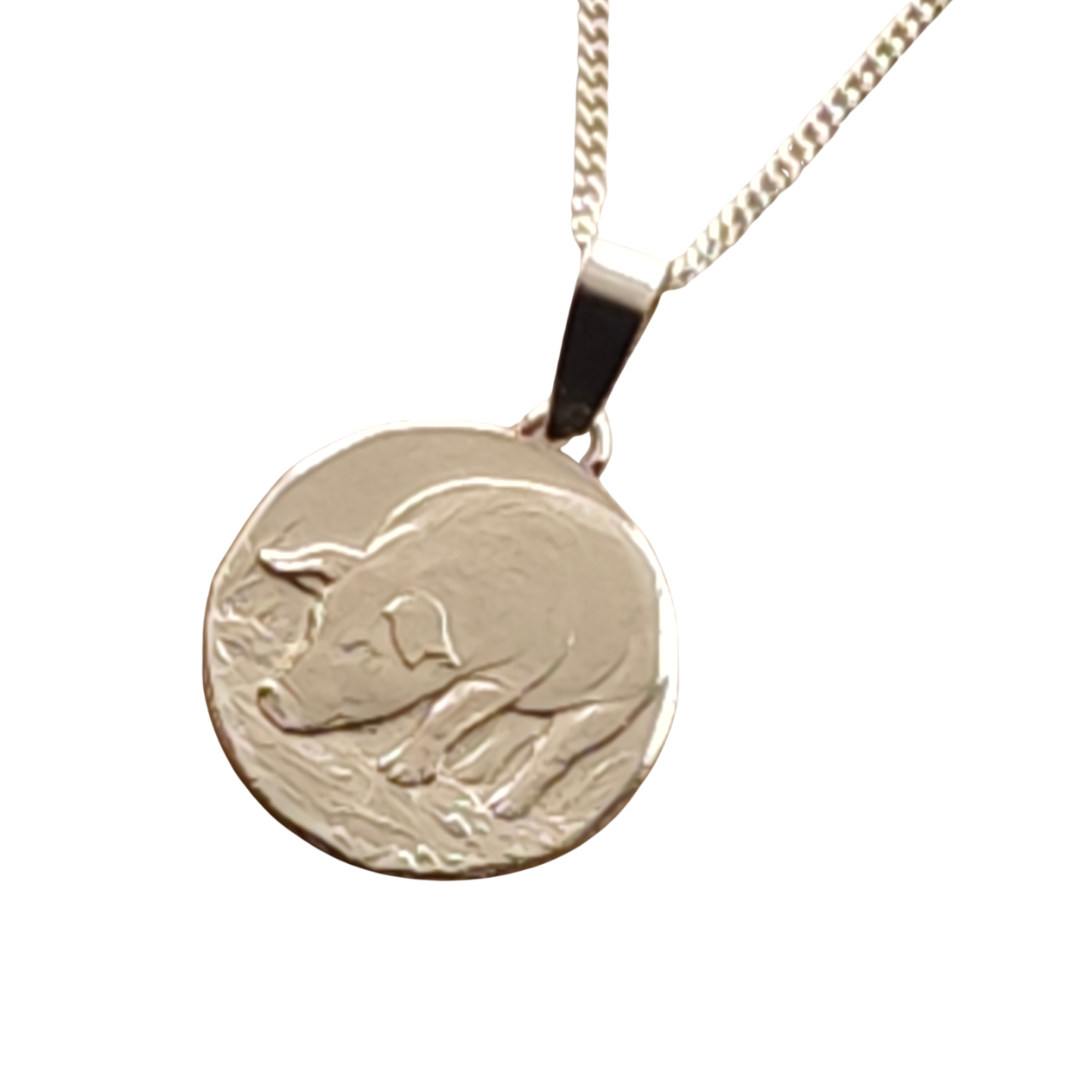 Pig Engraved Sterling Silver Coin Necklace