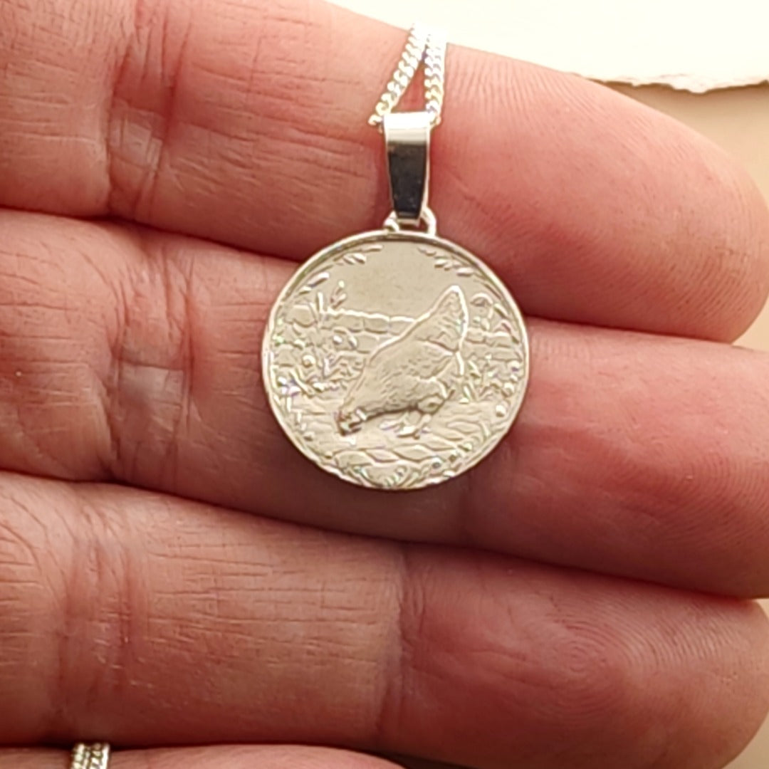 Chicken Engraved Sterling Silver Coin Necklace