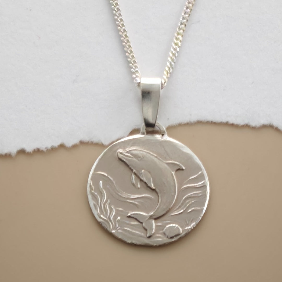 Dolphin Engraved Sterling Silver Coin Necklace