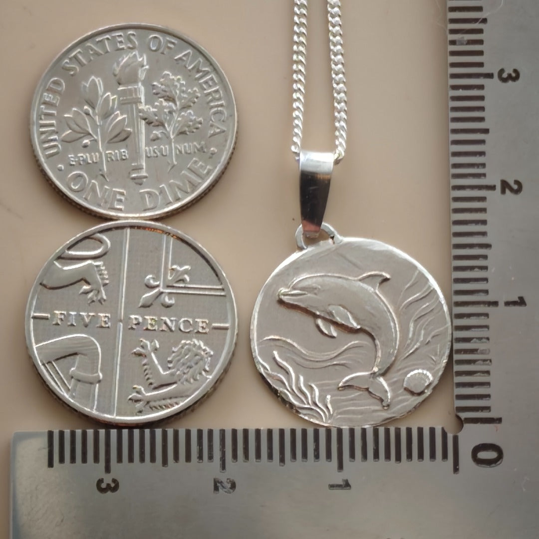 Dolphin Engraved Sterling Silver Coin Necklace