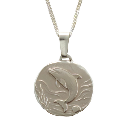 Dolphin Engraved Sterling Silver Coin Necklace
