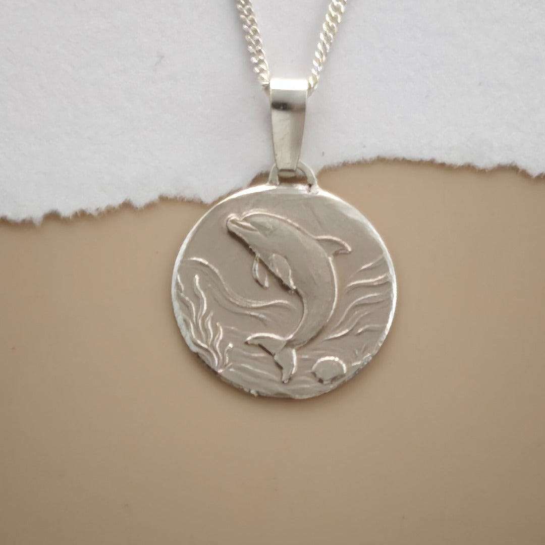 Dolphin Engraved Sterling Silver Coin Necklace