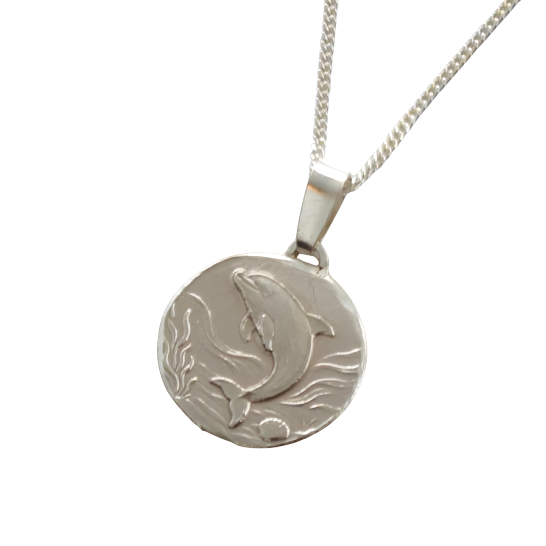 Dolphin Engraved Sterling Silver Coin Necklace