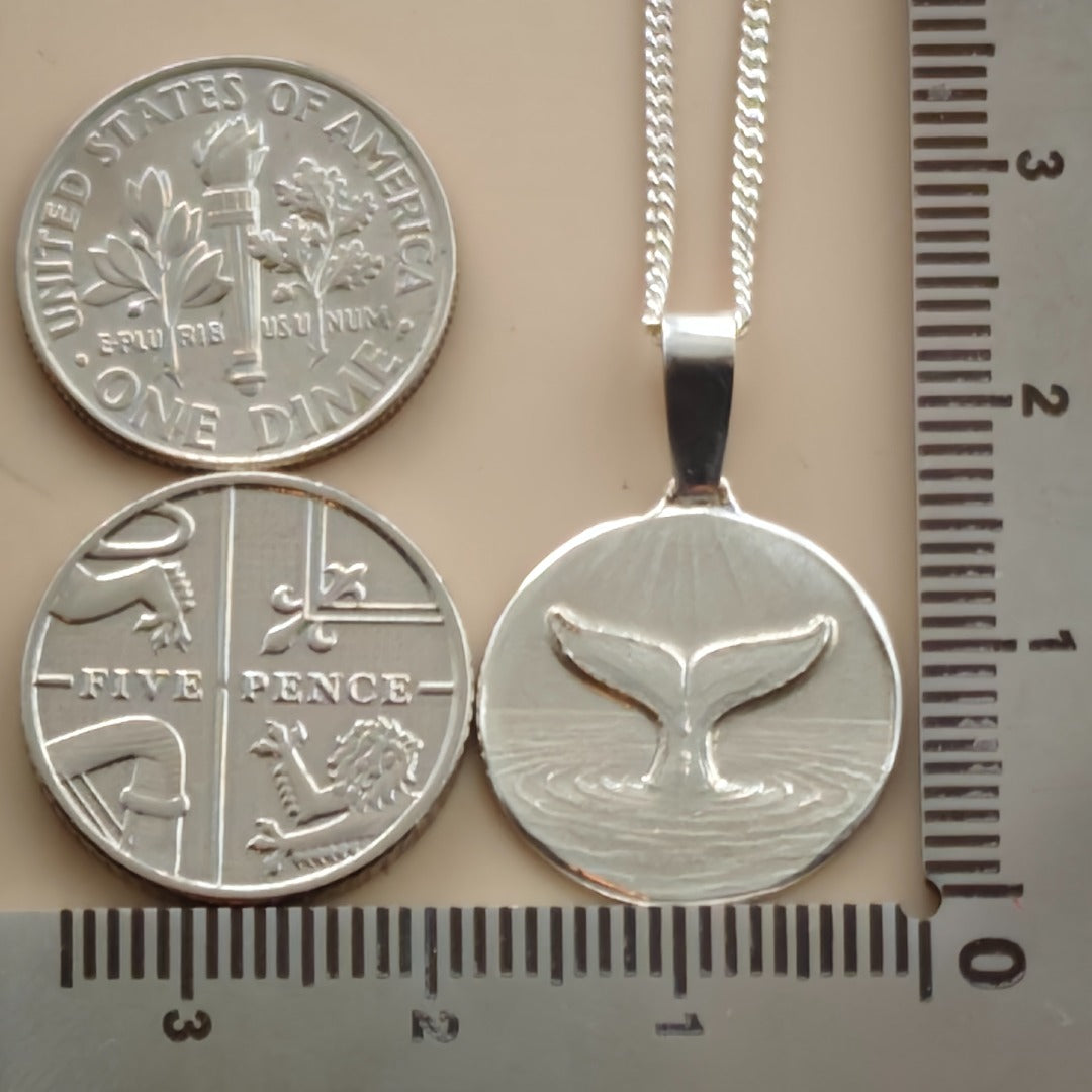 Whale Tail Engraved Sterling Silver Coin Necklace