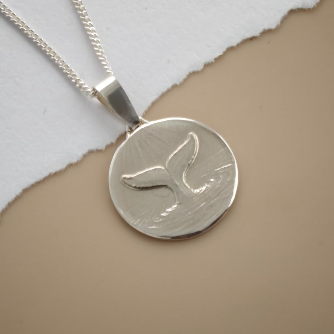 Whale Tail Engraved Sterling Silver Coin Necklace