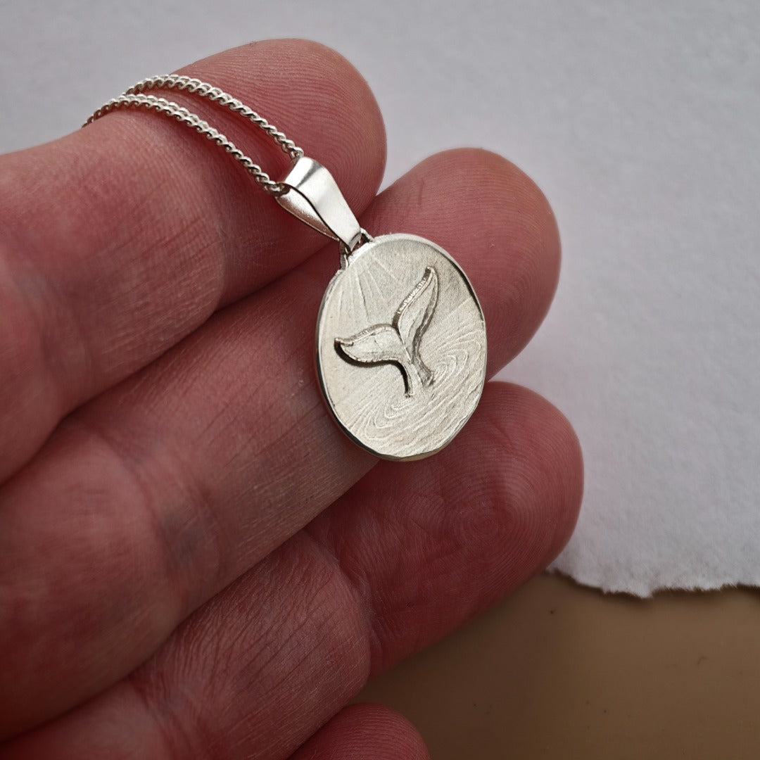 Whale Tail Engraved Sterling Silver Coin Necklace