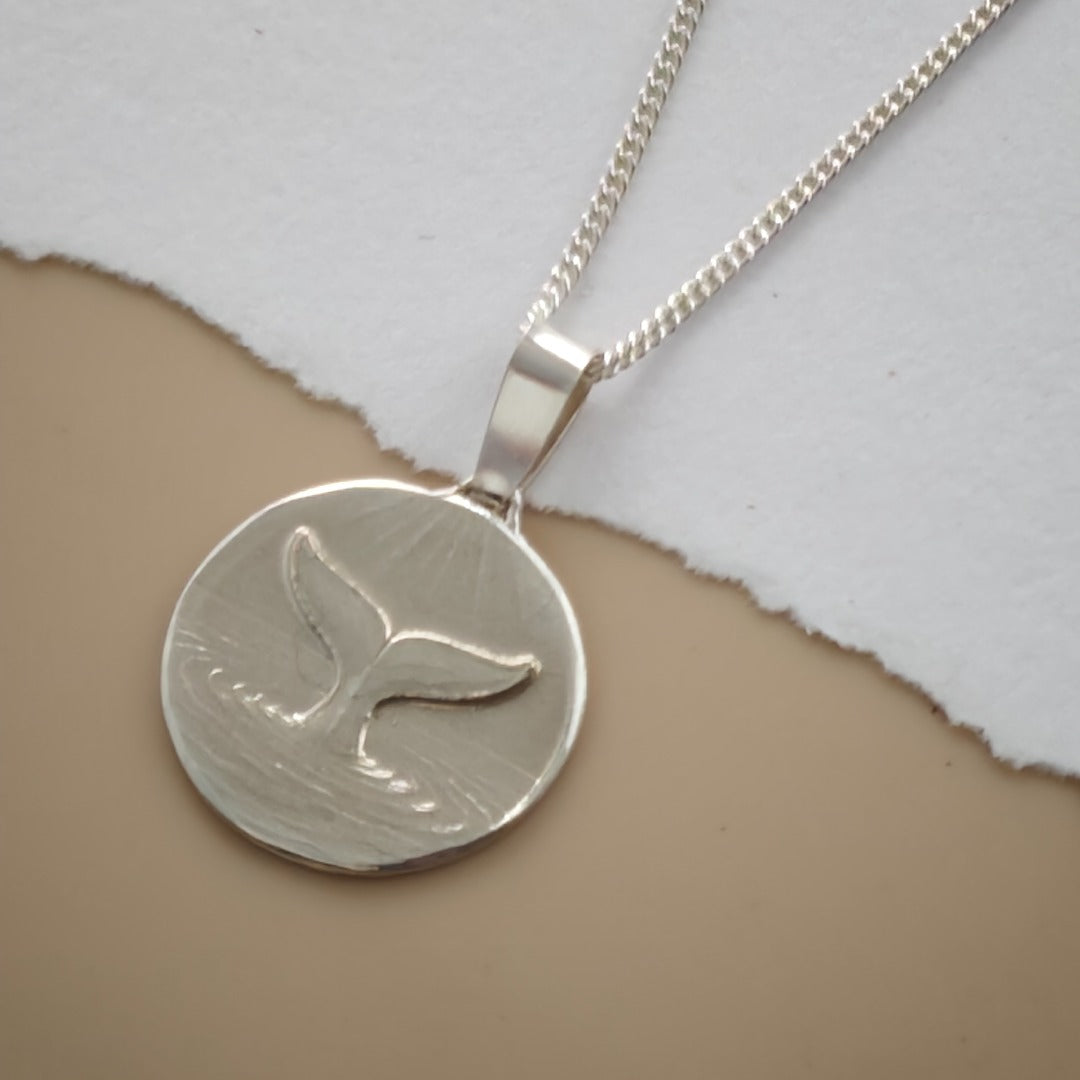 Whale Tail Engraved Sterling Silver Coin Necklace