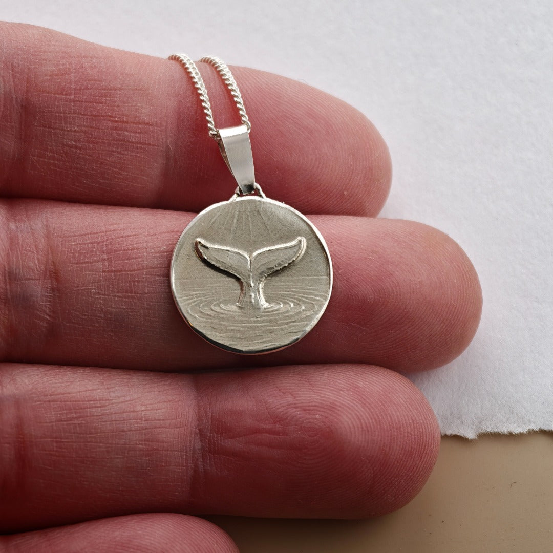 Whale Tail Engraved Sterling Silver Coin Necklace