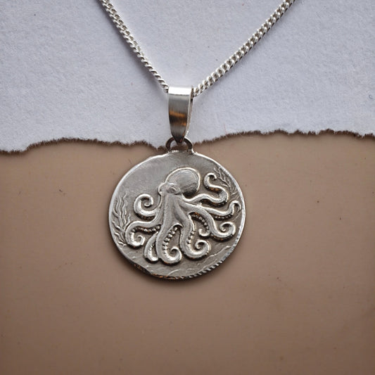 Octopus Engraved Sterling Silver Coin Necklace