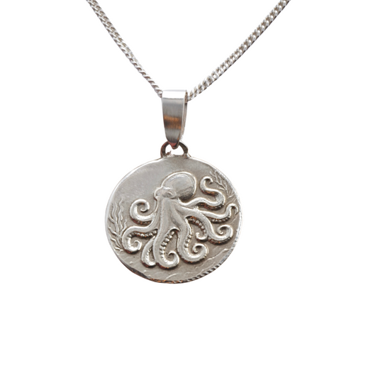Octopus Engraved Sterling Silver Coin Necklace