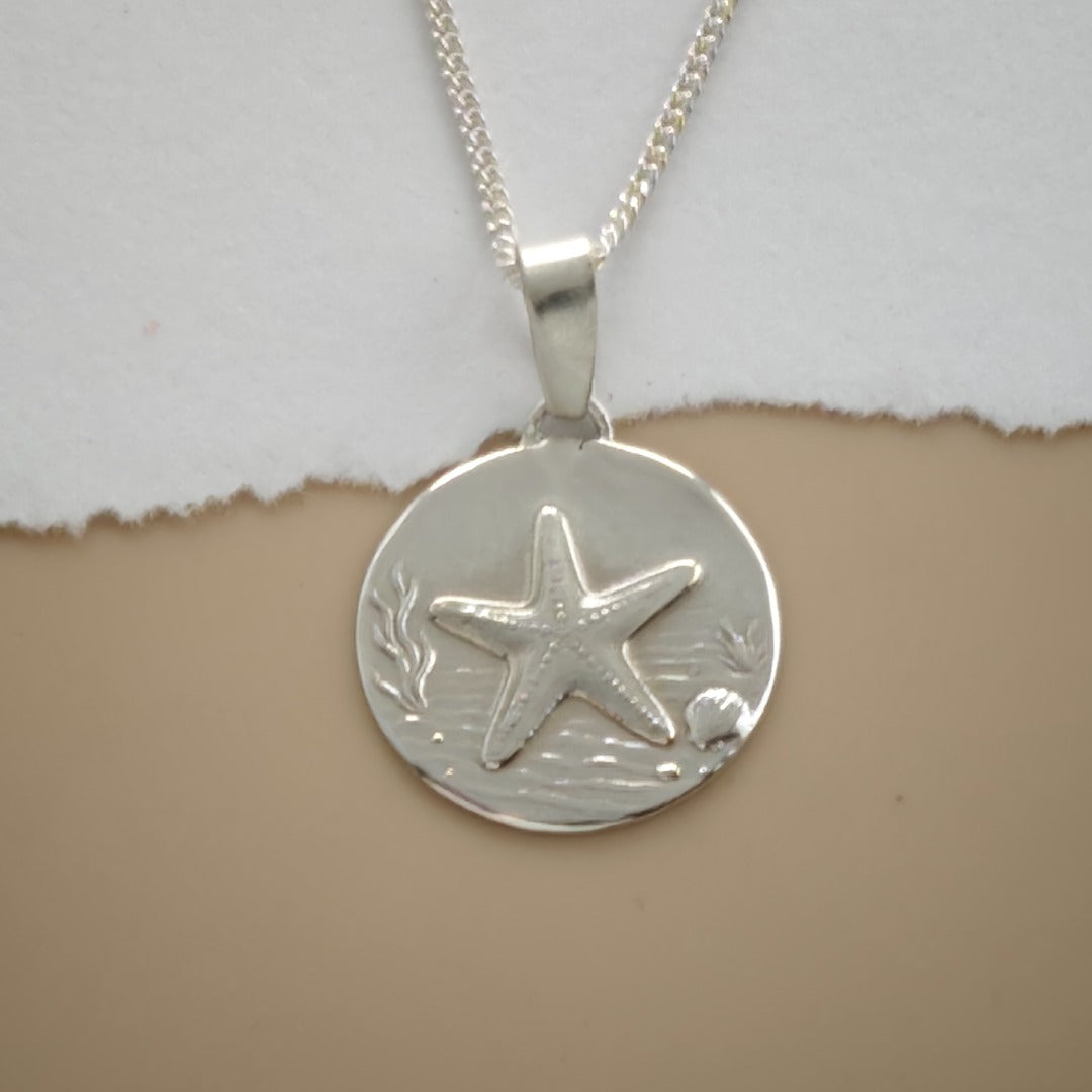Starfish Engraved Sterling Silver Coin Necklace