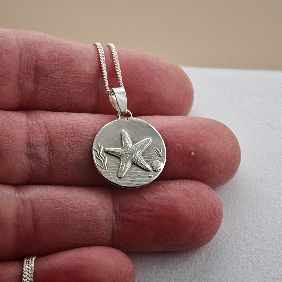Starfish Engraved Sterling Silver Coin Necklace