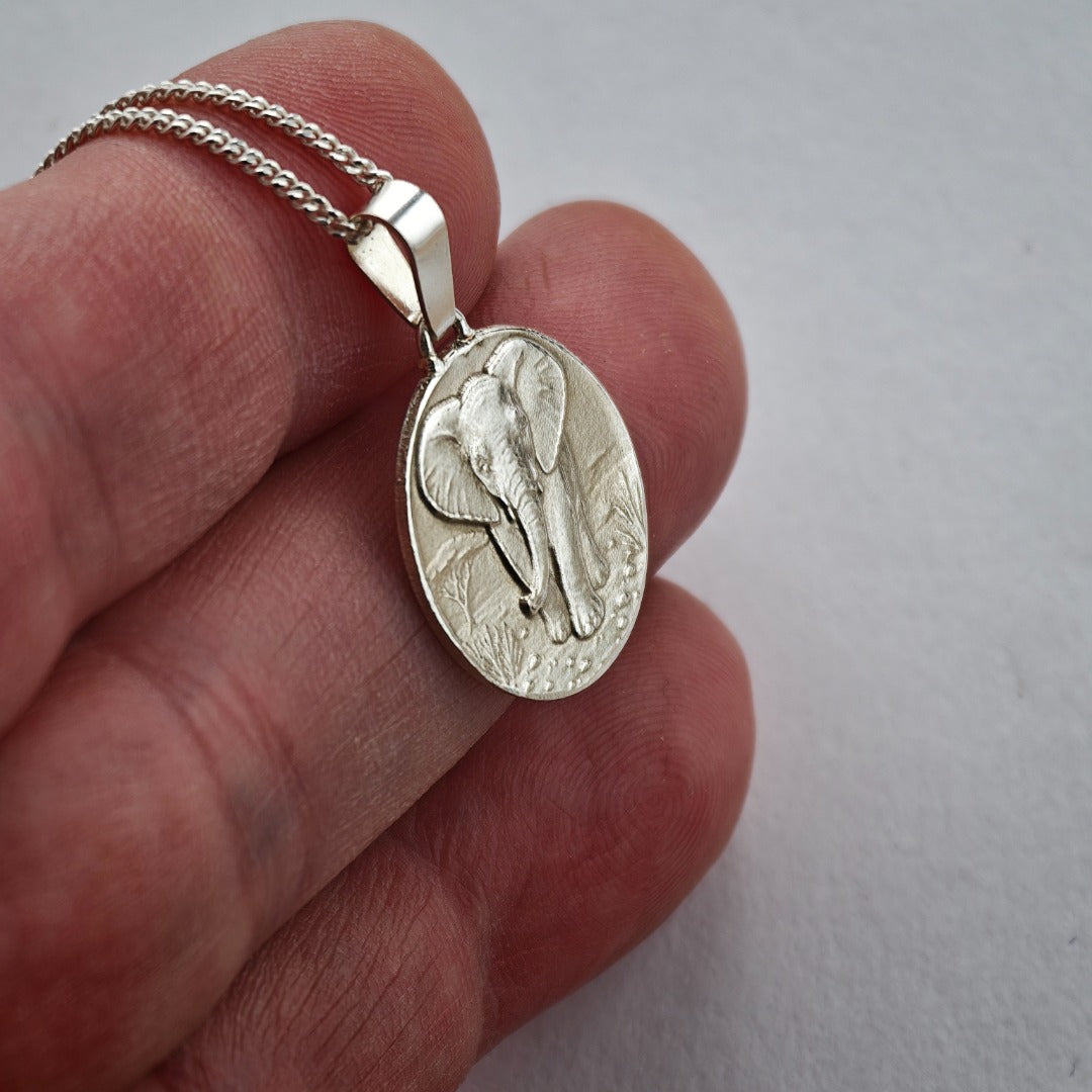 Elephant Engraved Sterling Silver Coin Necklace