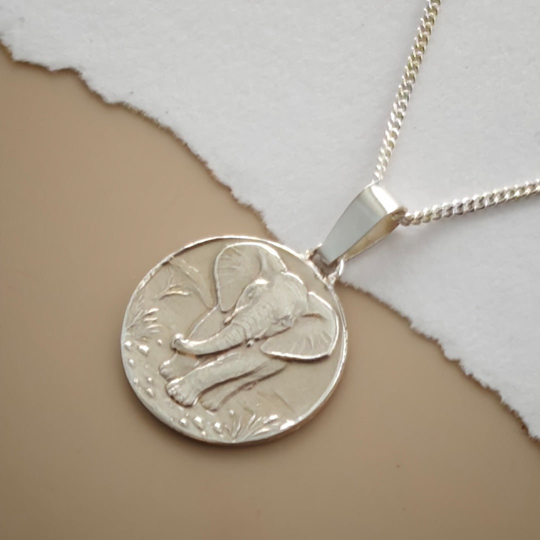 Elephant Engraved Sterling Silver Coin Necklace