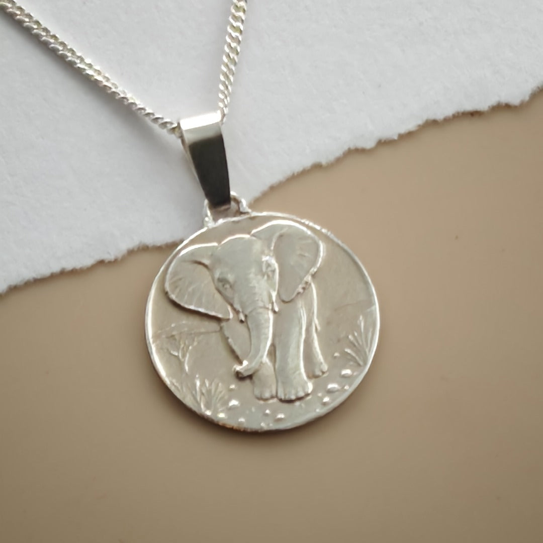 Elephant Engraved Sterling Silver Coin Necklace