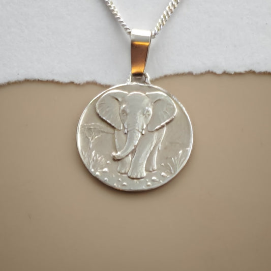Elephant Engraved Sterling Silver Coin Necklace