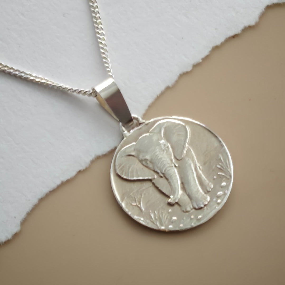 Elephant Engraved Sterling Silver Coin Necklace