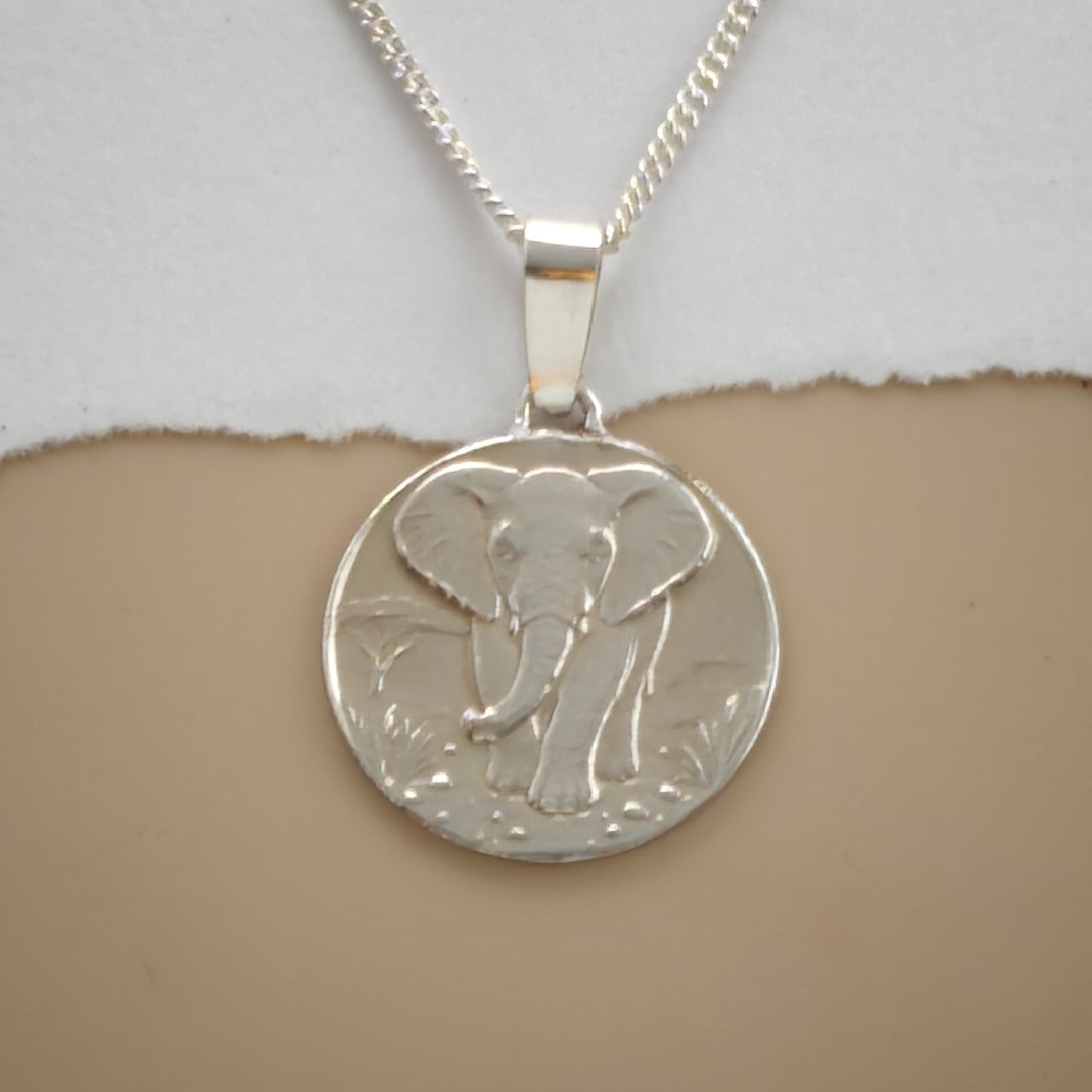 Elephant Engraved Sterling Silver Coin Necklace
