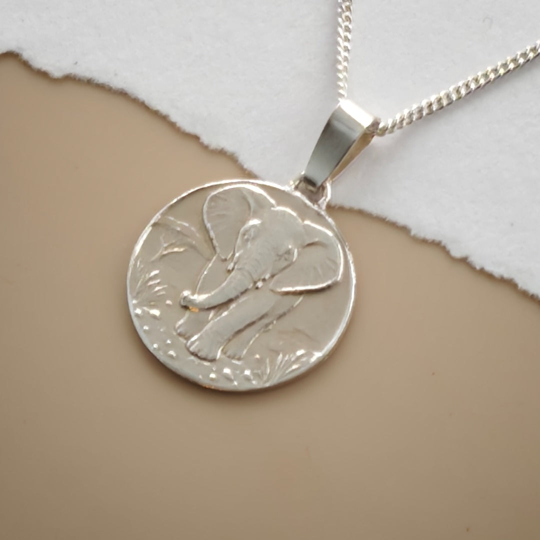 Elephant Engraved Sterling Silver Coin Necklace