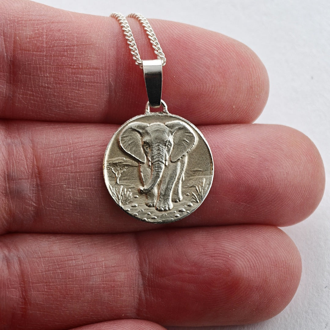 Elephant Engraved Sterling Silver Coin Necklace