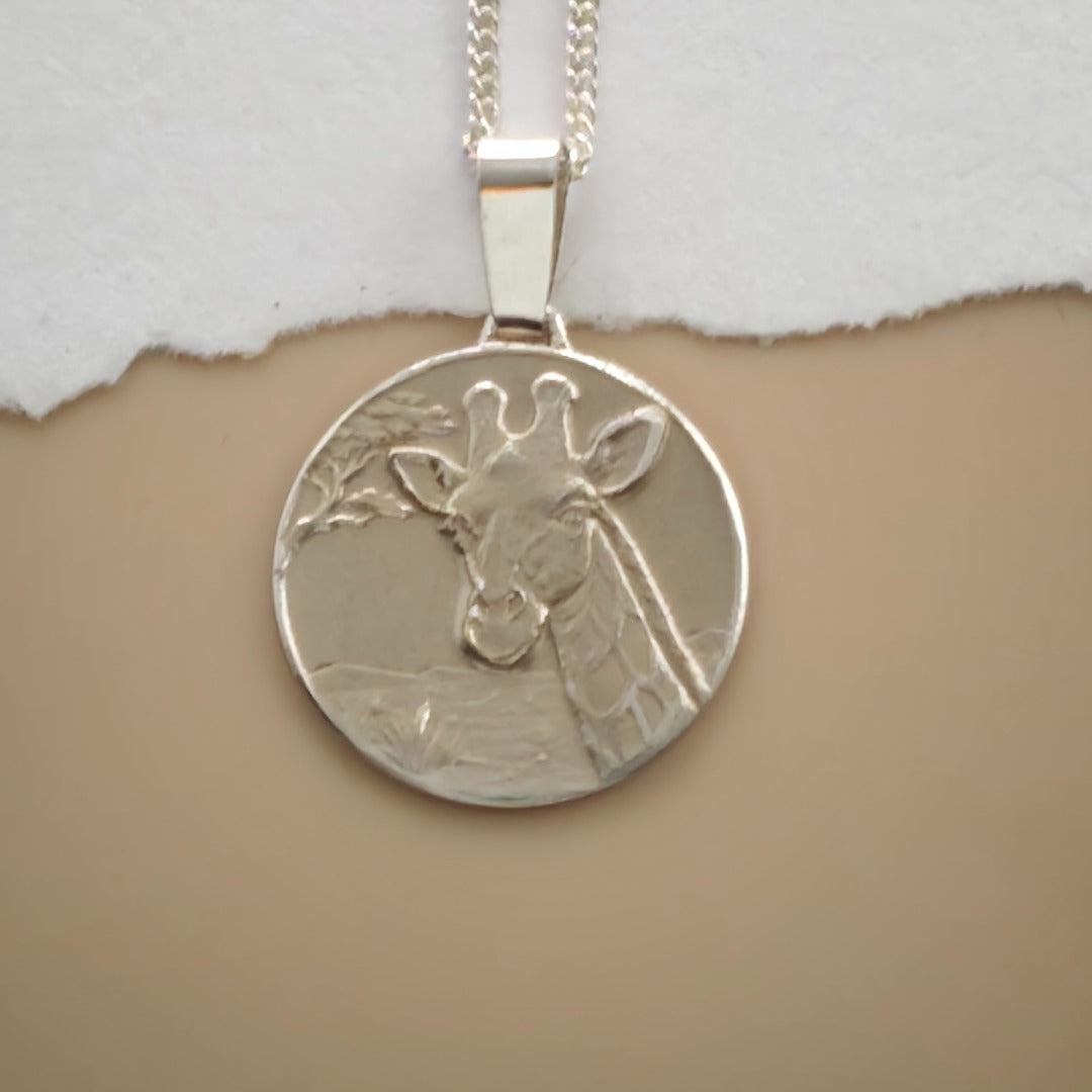Giraffe Engraved Sterling Silver Coin Necklace