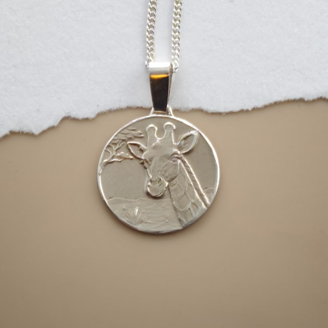 Giraffe Engraved Sterling Silver Coin Necklace