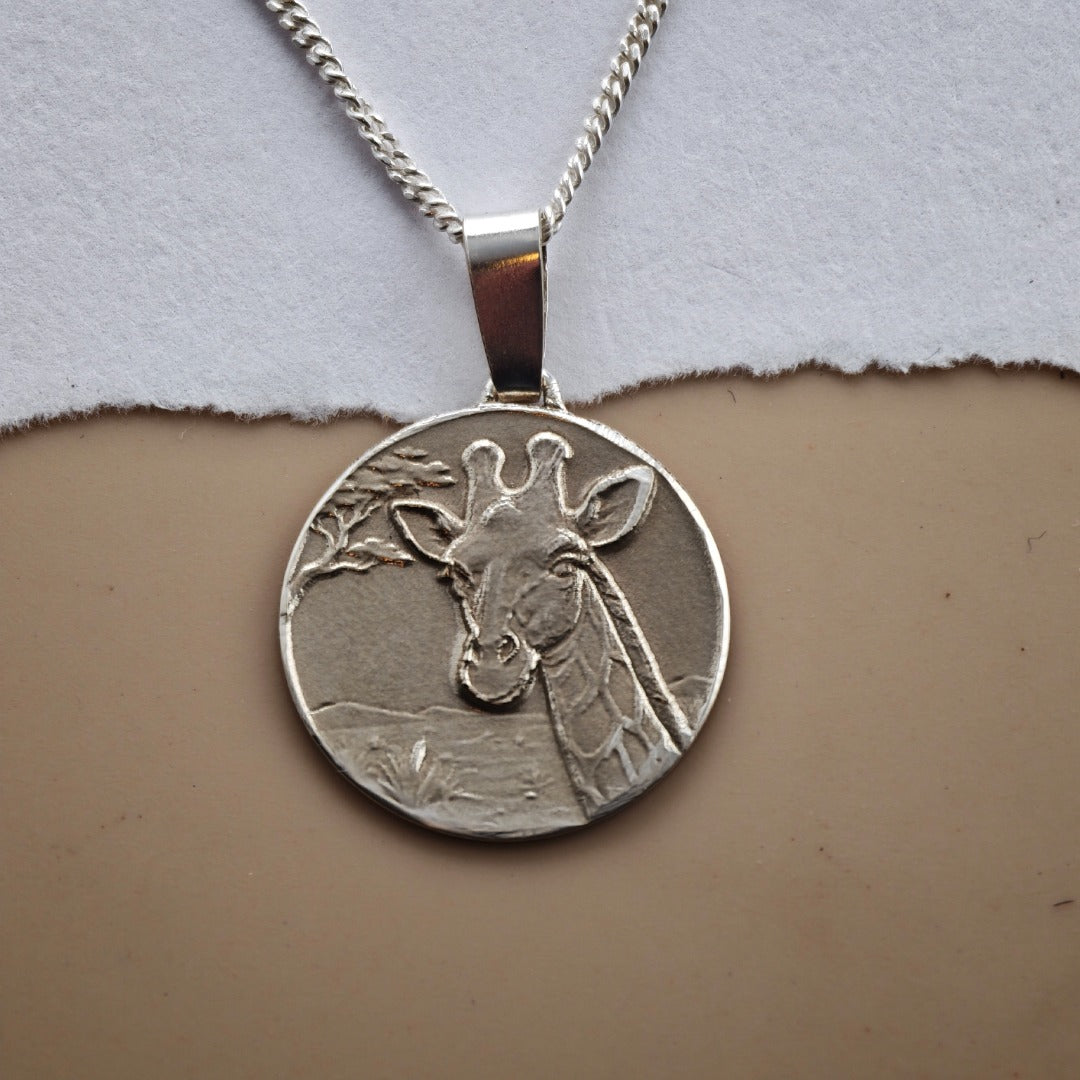 Giraffe Engraved Sterling Silver Coin Necklace