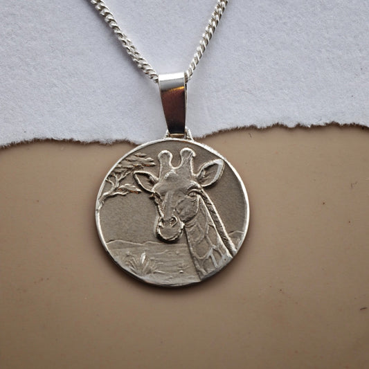 Giraffe Engraved Sterling Silver Coin Necklace