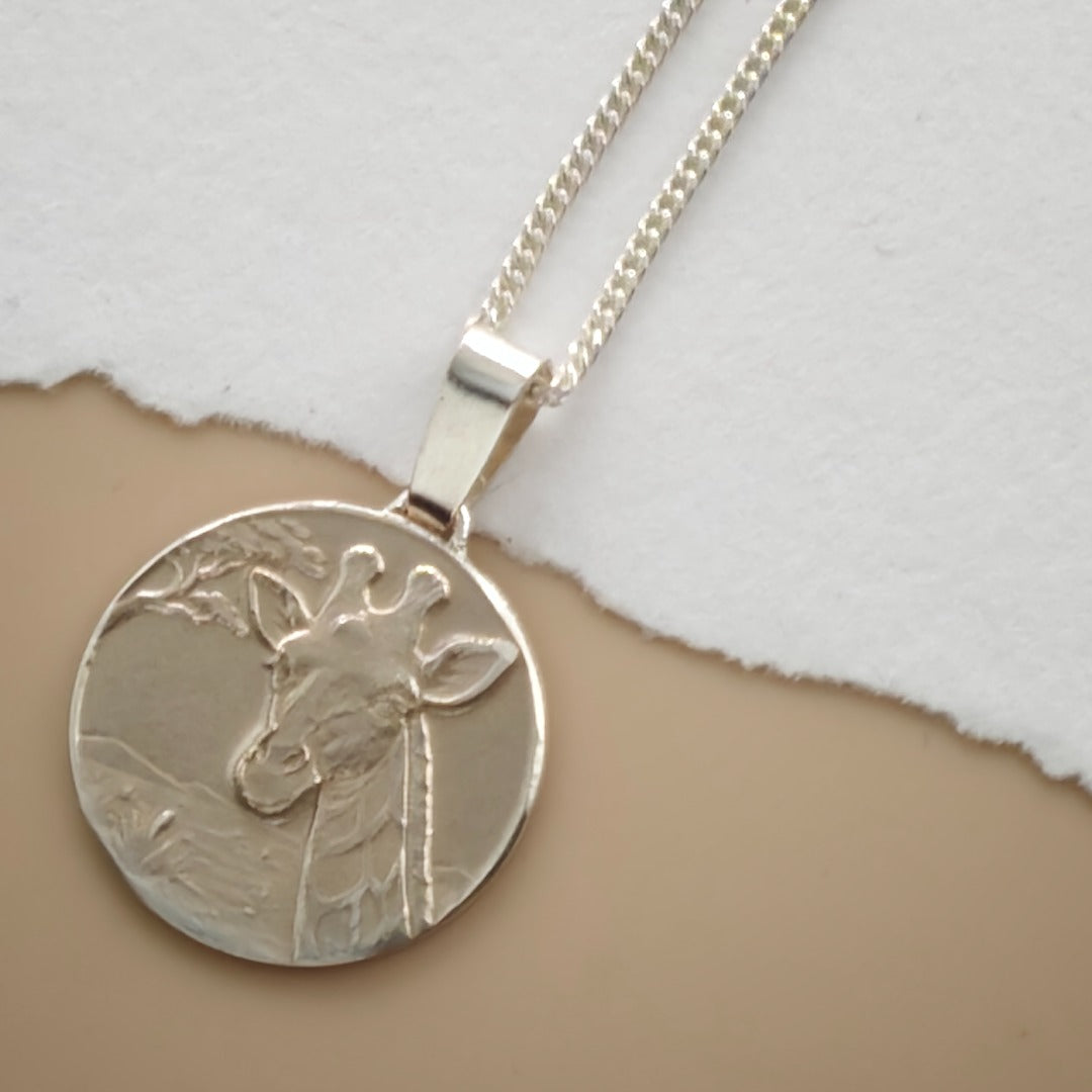 Giraffe Engraved Sterling Silver Coin Necklace