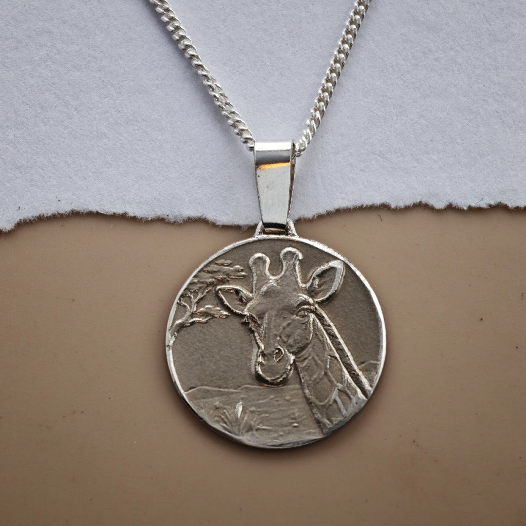 Giraffe Engraved Sterling Silver Coin Necklace