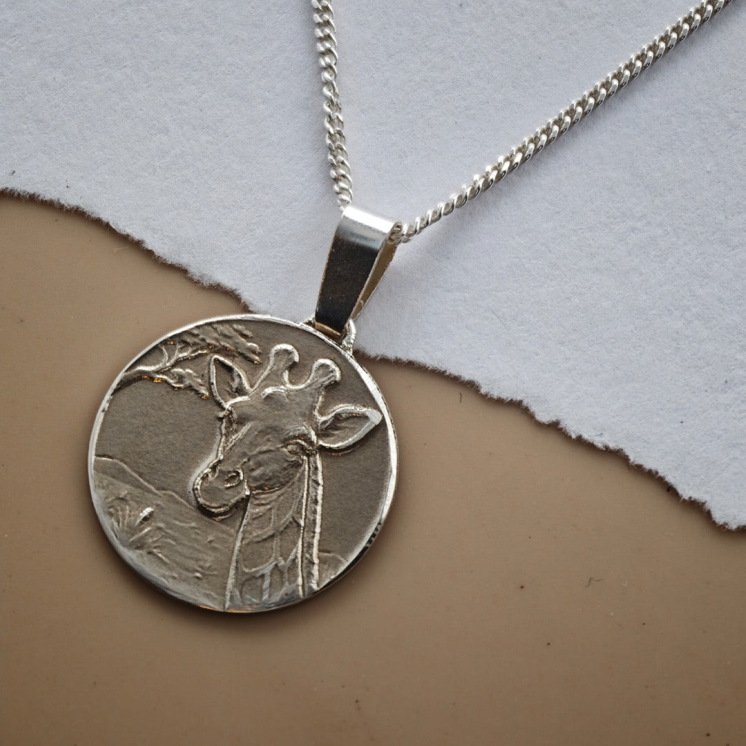 Giraffe Engraved Sterling Silver Coin Necklace